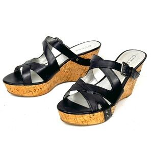 Guess Women's Strappy Cork Black Wedge Heel Slingback Barcley Sandals Size 10